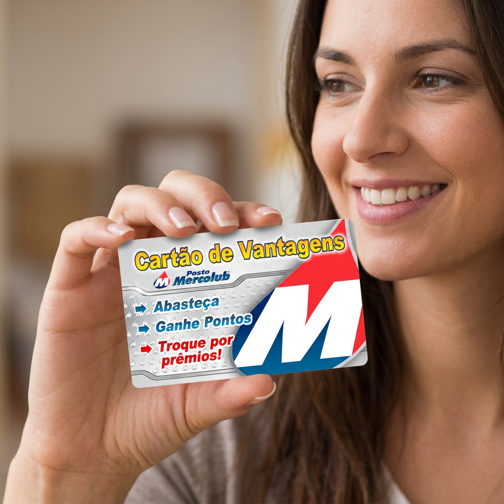 Cliente segurando o Cartão de Vantagens do Posto Mercolub